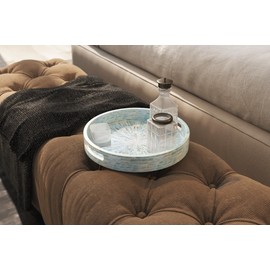 PEMAR 12.6” Mother of Pearls Lacquer Inlaid Round Serving Tray with Handles, Round Coffee Table Tray Decorative, Nacred Wooden Ottoman Trays, Decorative Platter Basket Trays (Teal Sunlight)