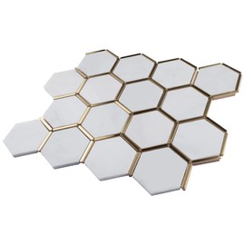 NBG-6 3" Honeycomb Hexagon White and Gold Metal Stainless Steel Polished Marble Tile (1 Sheet)