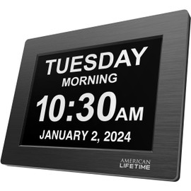American Lifetime Large Digital Wall Clock for Seniors, Black Polished, 8-Inch High Resolution Display, Easy to Read, Customizable Alarms, Auto-Dimming, Multi-Language Support, Battery Backup