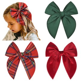 DEEKA Large Christmas Fable Hair Bows 3 PCS Hair Bow Clips for Toddler Girls Fabric Christmas Hair Accessories for Little Girls Kids (Green+Velvet Red+Plaid)