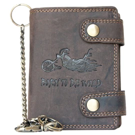 Men's Biker Natural Leather Wallet Born to Be Wild with a Motorcycle and with a Metal Chain, brown, Casual
