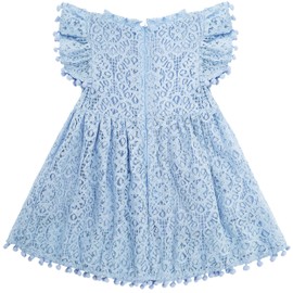 Cabahata Toddler Girls Lace Dress Pom Pom Ruffle Sleeve Kids Party Birthday Princess Dresses(Blue, Tag 110/3T)