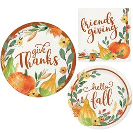 Party Creations Thanksgiving Harvest Supply Pack | Bundle Includes Paper Dinner Plates, Dessert Plates & Napkins for 8 People Autumn Friendsgiving Theme Giving Thanks Design, Orange, Multi-colored