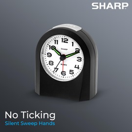 Sharp Small Battery Operated Analog Alarm Clock Silent No Ticking, Lighted on Demand and Snooze, Beep Sounds, Gentle Wake, Ascending Alarm