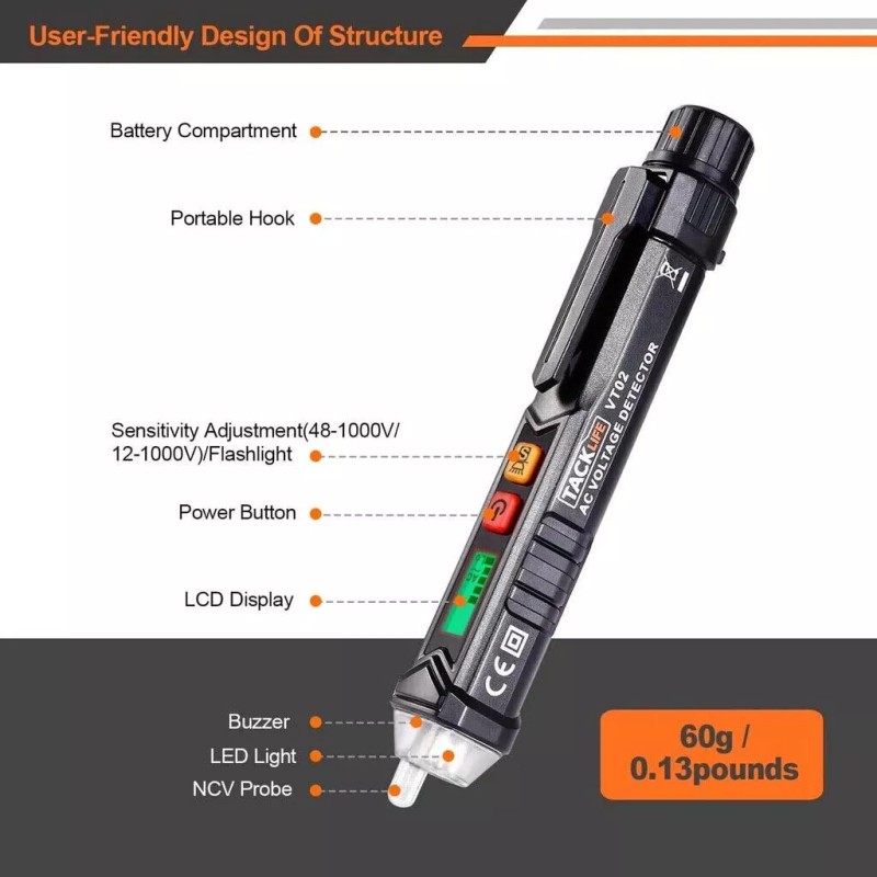 Tacklife VT02 Non-Contact AC Voltage Tester Adjust Sensitivity Wire Break