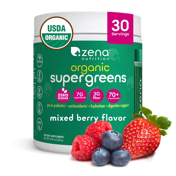 Zena Nutrition Organic Super Greens Powder, 70+ Superfoods, 0 Sugar,