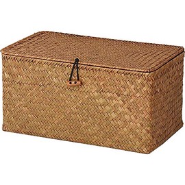 Rattan Basket Seagrass Storage Basket with Lid, Natural Material (Medium 30cm x 18cm x 15cm H)