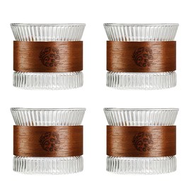 4-Piece 5-Oz Glass Coffee Cups with Wood Rings - for Sake & Coffee - Transparent, Lightweight Accessories (gray)