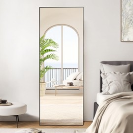 OLIXIS Full Length Mirror 64"x 21" for Bedroom, Full Body Mirror with Stand, Hanging or Leaning for Wall, Aluminum Alloy Thin Frame Floor Standing for Living Room, Long, Black