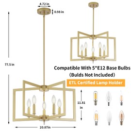 MIAYBPH Gold Chandelier, 5-Light Dining Room Light Fixture Modern Metal Chandelier Pendant Lighting for Farmhouse Kitchen Living Room Entryway (Gold, E12 Bulbs Not Included)