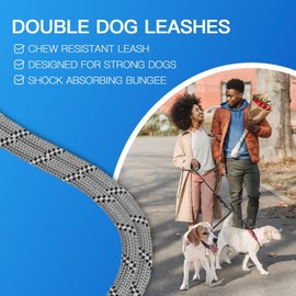 MingXpets Double Dog Leash, Dual Dog Leash, 360° Swivel Tangle Free Bungee Walking Training for Large Medium Dogs, Shock Absorbing Bungee Reflective for Two Dogs, 18~120 lbs, Grey