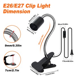 Clip-on E26/E27 Clamp Light Socket with 220 CM Cable, 360 Rotatable Flexible Desk Lamp, 9MM & 350MM Thickened Lengthened Gooseneck, Metal Base, for Bedside