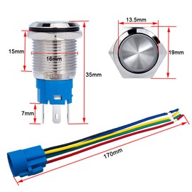 Aiqeer 2 Pcs 16 mm Momentary Push Button Switch, 12V / 24V 5A Car Ignition Starter Switch, IP67 Waterproof Stainless Steel Push Button Switch, with Pre-Wired Socket (Yellow LED)