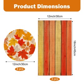 EMMTEEY Fall Placemats Set of 8 Farmhouse Orange Maple Leaves Burlap Placemats Burnt Orange Wood Dinner Table Mats for Party Kitchen Dining Table Décor, 12"X18" Rectangle+12" Round
