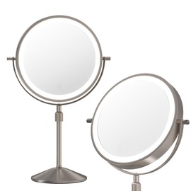 Garvee Lighted Makeup Mirror, Rechargeable Height Adjustable Double Sided Vanity Mirror, 1x/10x True HD Magnifying, Brightness Adjustable, Three Colors, 360° Rotation Vanity, Gift for Women, Nickel