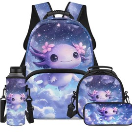 Wiryuouvt Ttar Axolotl Bookbag and Lunch Box Set for Girls Ages 5-11 School Bag Primary Kindergarten Middle Lightweight Kids Backpack Pencil Case Portable Water Bottle Holder 4Pcs Set 17 inch