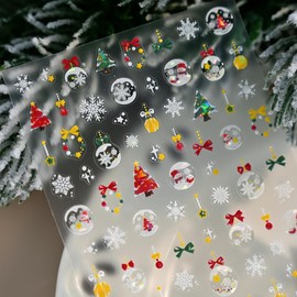 Christmas Nail Stickers 5D Embossed Cute Snowball Nail Art Stickers 3D Self Adhesive Christmas Tree Nail Decals Winter Xmas Garland Nails Design Yellow Red Green Bow Nails Supplies for Women 1 Sheet