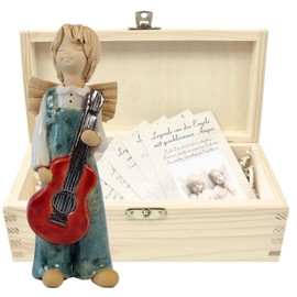 butterfly Angel Figurine for Indoor Use Guardian Angel Guitar Music Instrument Ceramic Natural Wooden Box Gift Christening Communion Birthday