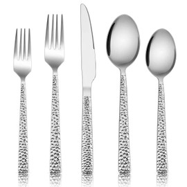E-far 20-Piece Hammered Silverware Set, Stainless Steel Square Flatware Set Service for 4, Tableware Cutlery Set Includes Forks Spoons Knives, Modern Design & Mirror Finish - Dishwasher Safe