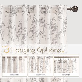 Floral Linen Curtains - 102 Inch Length, Botanical Patterned, Burlap Textured, Rustic Farmhouse, Shabby Chic, Extra Long Drapes for Living Room & Bedroom