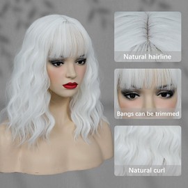 Colorfulpanda Women's White Short Wig with Bangs, Natural Synthetic Hair Wavy Bob Wig for Daily Costume Carnival Fancy Dress (35 cm)