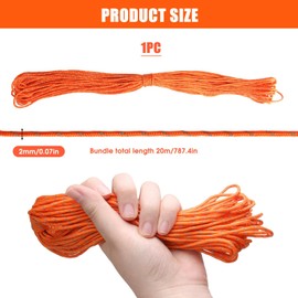 Camping Rope Reflective Tent Guy Ropes Diameter 2mm Fluorescent Guyline Pull Cords Windproof Paracord Guide Ropes 65 Feet 20m for Outdoor Camping Hiking Awning Tents Orange