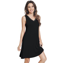 NACHILA Nightgowns for Women-Viscose Made from Bamboo, Sleeveless Sleep Dress Soft Nightshirts Satin V Neck Sleepshirts Black M