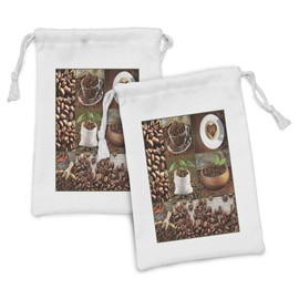 Ambesonne Brown Fabric Pouch Set of 2, Collage of Coffee Beans in Cups and Bags with Green Leaves on Wooden Table Photo, Small Drawstring Bag for Toiletries Masks and Favors, 9" x 6", Brown Green
