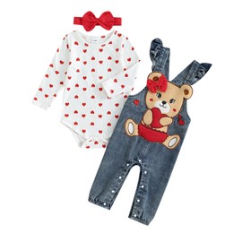 Toddler Baby Girl Valentine's Day Clothes Set Heart Print Long Sleeve Romper with Bear Embroidery Denim Overalls Pants Headband (White, 3-6 Months)