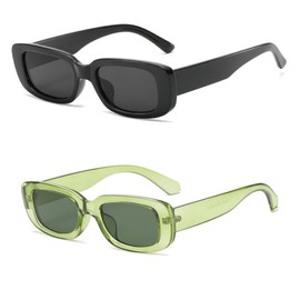 IKANOO Retro Rectangle Sunglasses for Women Men Small Square Frame Trendy Y2K 90’s Black Sunglasses (Black+Green)