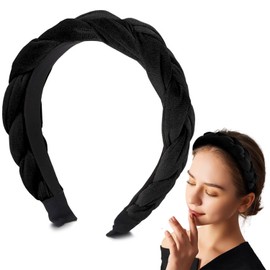 Favuit Velvet Headband, Braided Headbands, Wide Hair Band, Vintage Padded Headband, Traditional Solid Headpiece, Fashion Hair Accessories for Women and Girls (Black)