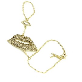 V G S Eternity Fashions Jewelry Bracelet Ring ~ Brown Crystal Lips Hand Chain Slave Bracelet Ring Goldtone for Women