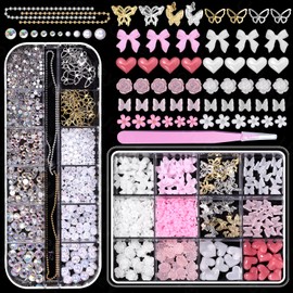 2 Boxes Mixed Nail Charms, Pink White Flowers Bows Heart Acrylic Nail Charms Silver Gold Butterfly Charms for Acrylic Nails, Nail Pearls and Multi Sizes Nail Gems Rhinestones DIY Nail Art Supplies