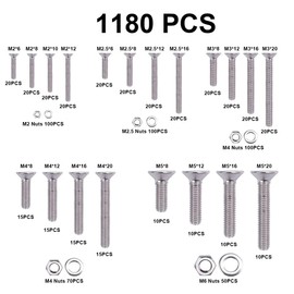 Loscrew M2 M2.5 M3 M4 M5(Total 1180Pcs) Hex Socket Flat Head Screw 304 Stainless Steel Hexagonal Machine Screws,20 Kinds of Size Countersunk Screws Nuts and Bolts Assortment Set+Wrenches(5pcs)