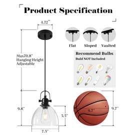 Otmilance Kitchen Pendant Lights Over Island, 7.5 inch Farmhouse Glass Pendant Light, Industrial Black Pendant Lights Kitchen Island 1-Pack, Hanging Kitchen Pendant Light for Dining Room,Bar, Cafe