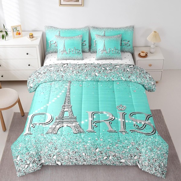 Erosebridal 7 Piece Paris Comforter Set for Girls Women,Eiffel Tower