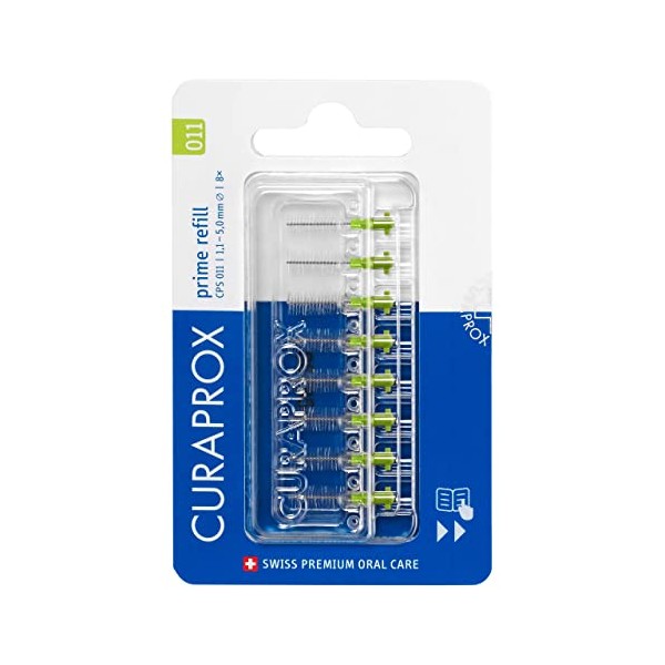Curaprox CPS 011 Prime Refill Interdental Brushes, Lime Green, 8 Count - 8 x 1.1mm - 5mm Internal Toothbrushes.