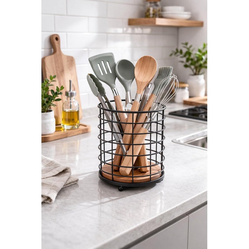 Eden & Willow Rustic Metal Cutlery Holder Basket with Wooden