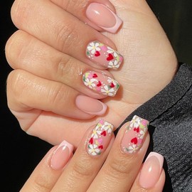 24Pcs Press On Nails with Glue, Pink French False Nails, Stick on Nails with Flower Strawberry Heart Pattern, Full Cover Acrylic Square Fake Nail for Women Girls Nail Art Accessories