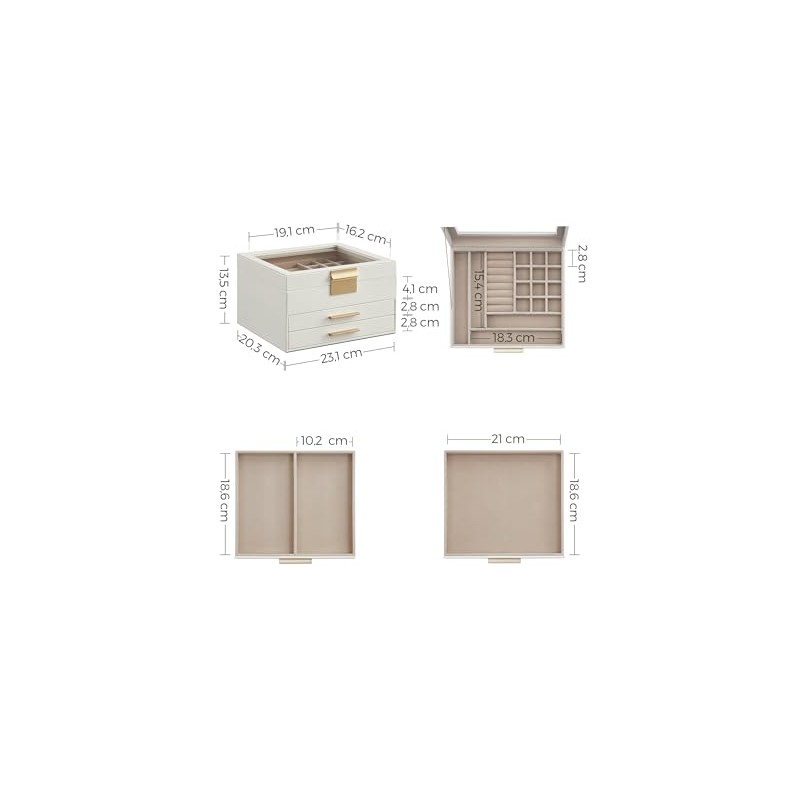 SONGMICS Caja de Joyas, 3 Niveles, Tapa de Cristal, 2