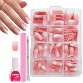 MrCuvaryas Pack of 240 French Press On Nails, Short Almond, Full Cover Nail Tips, Short for Gel Nails, Fingernails, Fake Nails with Glue, Acrylic Nail Tips, Nails for Sticking (Pink Gradient, Pack of