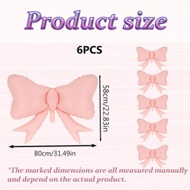 6 PCS Pink Bow Balloons, Macaron Pink Large Bow Shaped Foil Balloons, 80 * 58cm Elegant Party Decorations for Party Women Home Outdoor Wedding Bridal Shower Supplies