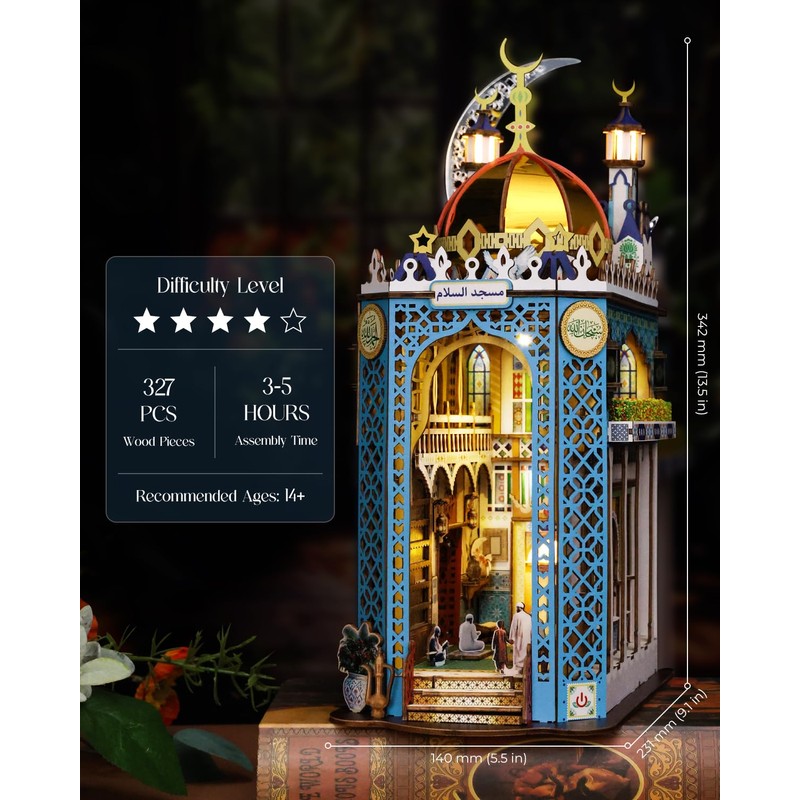 DIY Book Nook Kit, 3D Wooden Puzzle Mosque Miniature Booknook