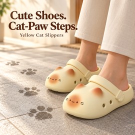 Cat Slippers for Women – Yellow Closed-Toe Cat Clogs with Paw-Pattern Soles for Everyday Wear at Home