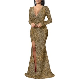 Women's Formal Long Sleeve Sparkly Maxi Dress V Neck High Slit Wrap Sexy Gown Cocktail Glitter Maxi Long Dresses Gold