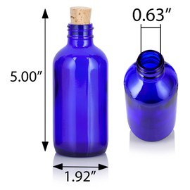 JUVITUS 4 oz Cobalt Blue Glass Boston Round Bottle with Cork Stopper Closure (12 Pack) + Funnel