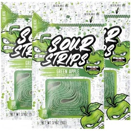 Sour Strips Sour Candy Belts, Green Apple, Resealable Candy Bags, 3.4 Ounce (Pack of 3)