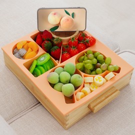 Nnewvante Snack Cup Couch Caddy, 8 in 1 Divided Serving Tray with Handle for Sofa Bed RV Car Organizer Caddy Movie Night Snack Trays, Bamboo and BPA Free Silicone, Peach