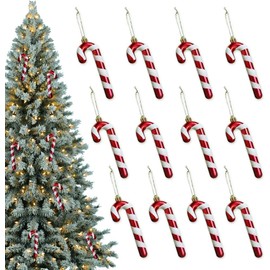 Riisoyu Pack of 12 Candy Canes Christmas Decoration, Christmas Tree Pendant with Cord, Candy Canes for Hanging, Glittering for Christmas Tree Decoration, Christmas Decoration, Ornament, Gifts, Red, 14