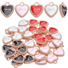 Aylifu Heart Pendant Charms, 40pcs Enamel Love Charms Alloy Heart Shaped Pendants Jewelry Findings Craft Supplies for Necklace Bracelet Keychain Making, Black, White, Red, Pink, 13x16mm